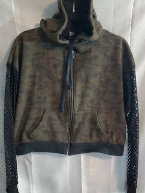 Womens Med Goth Grunge Camo Zip Hoodie With Mesh Sleeves